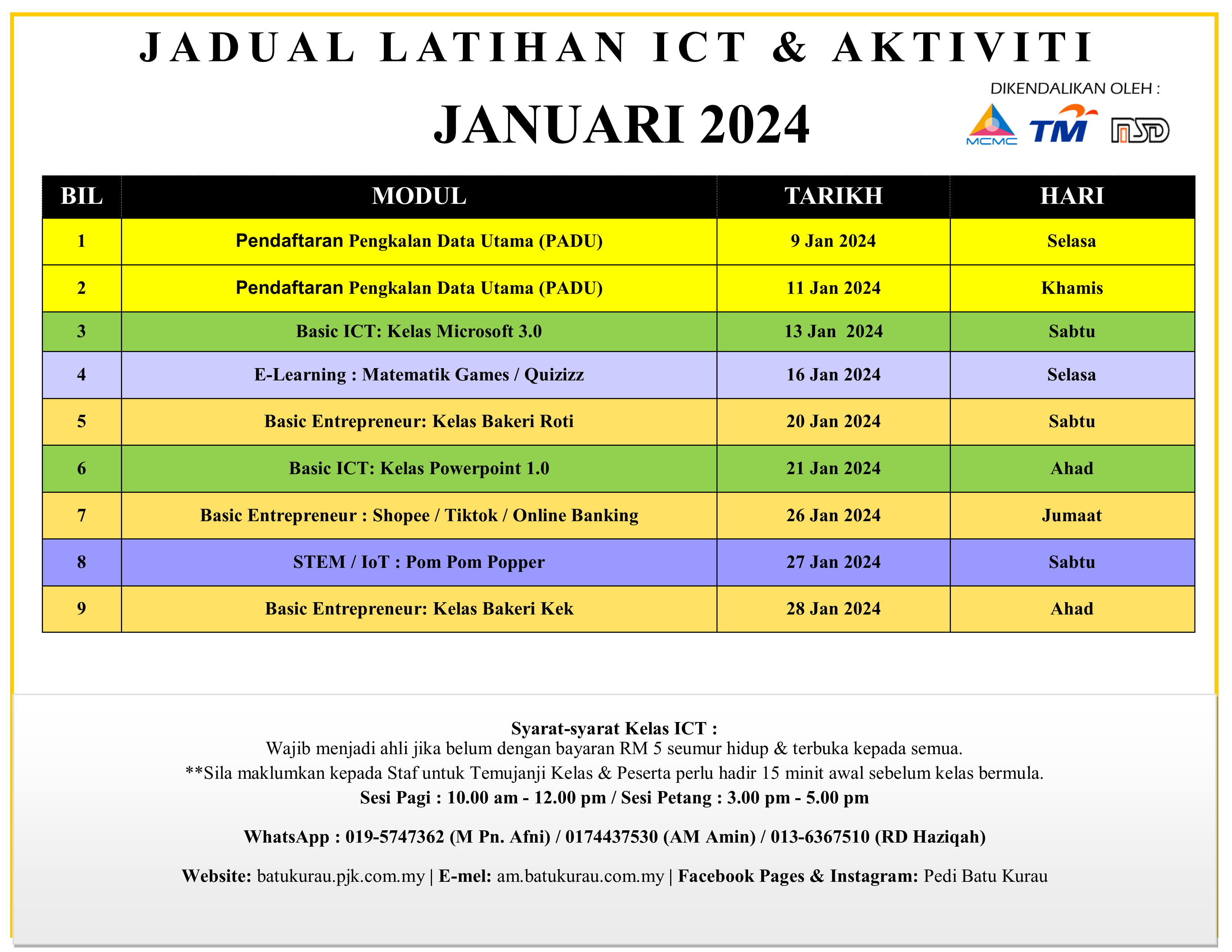 Jadual PEDi Jan 2024 Batu Kurau